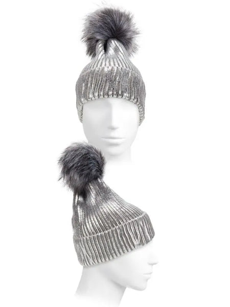 Adrienne Landau Faux Fur Pom Pom Metallic Beanie