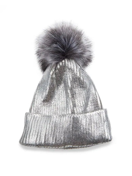 Adrienne Landau Faux Fur Pom Pom Metallic Beanie