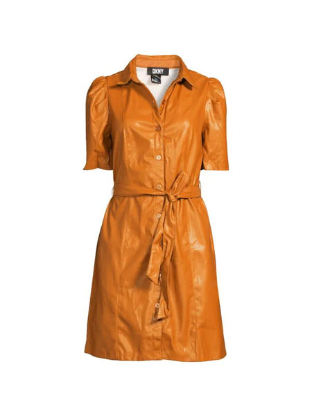 DKNY Puff Sleeve Faux Leather Shirtdress
