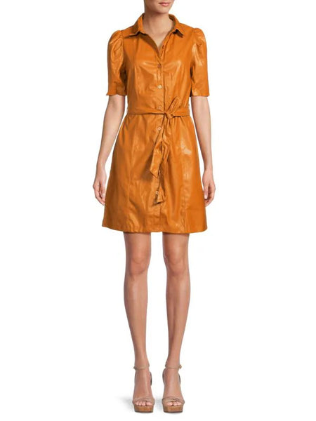 DKNY Puff Sleeve Faux Leather Shirtdress