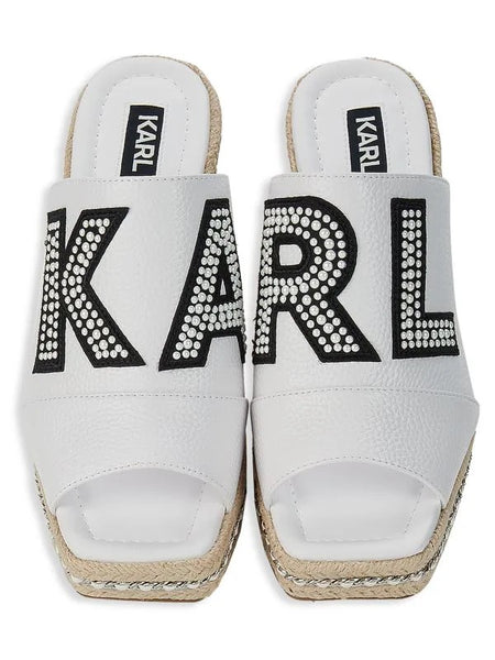 Karl Lagerfeld Paris Cree Leather & Raffia Wedge Mules - White