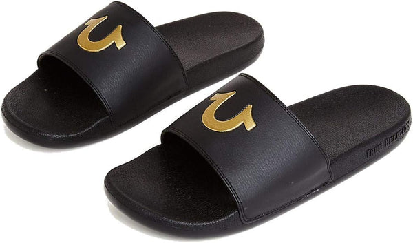 True Religion Black Slide Sandals Matte Gold Horseshoe Logo Size 43 HORSESHOE LOGO SLIDE main image 2