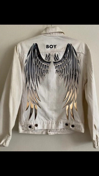 Boy London Custom Designed White Denim Jacket with Metallic finish - Angel Wings