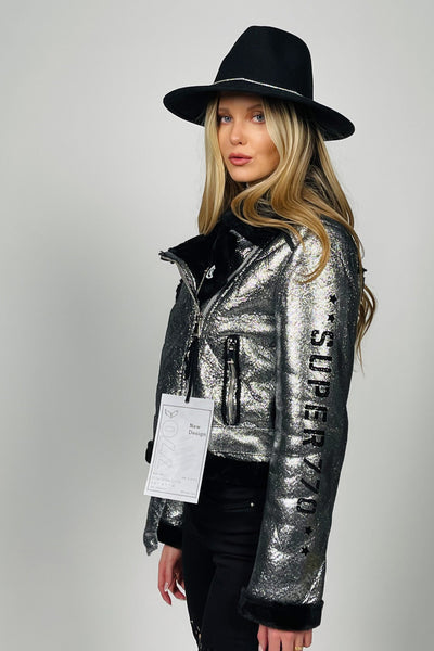 770 Designed Silver and Black Sporty Faux Fur and Faux Leather Jacket "SUPER"
