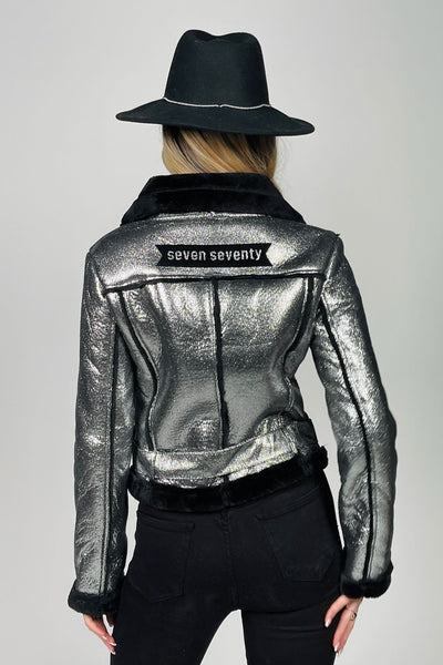 770 Designed Silver and Black Sporty Faux Fur and Faux Leather Jacket "SUPER"