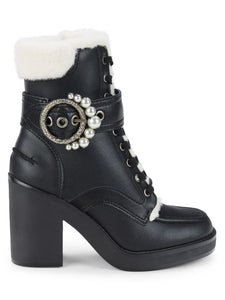 KARL LAGERFELD PARIS Dottie Faux Fur Block Heel Leather Booties