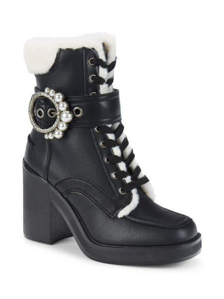 KARL LAGERFELD PARIS Dottie Faux Fur Block Heel Leather Booties