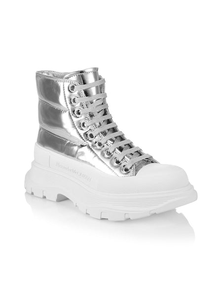 Alexander McQueen Puffer Tread Slick Metallic Leather Ankle Boots - Silver