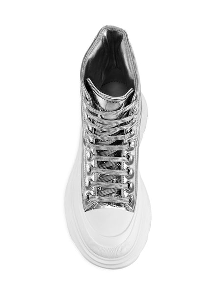 Alexander McQueen Puffer Tread Slick Metallic Leather Ankle Boots - Silver