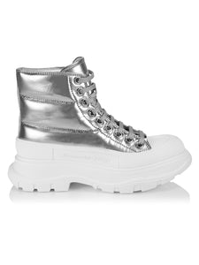 Alexander McQueen Puffer Tread Slick Metallic Leather Ankle Boots Silver