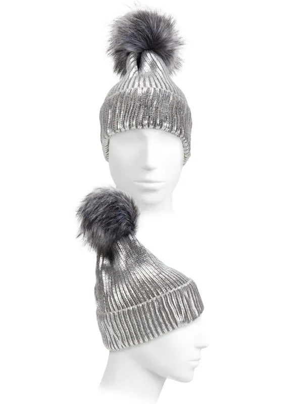 Adrienne Landau Faux Fur Pom Pom Metallic Beanie - HIGHSTREET.CO.ZA