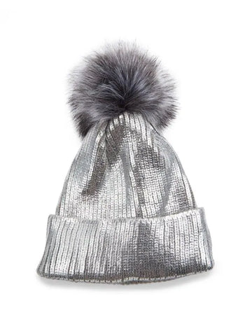 Adrienne Landau Faux Fur Pom Pom Metallic Beanie