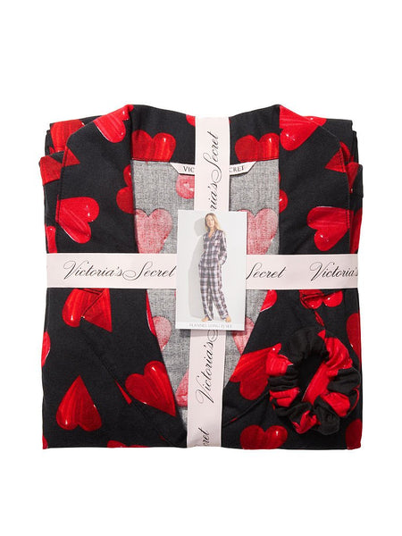 Victoria's Secret Flannel Long PJ Set - Black Painted Hearts
