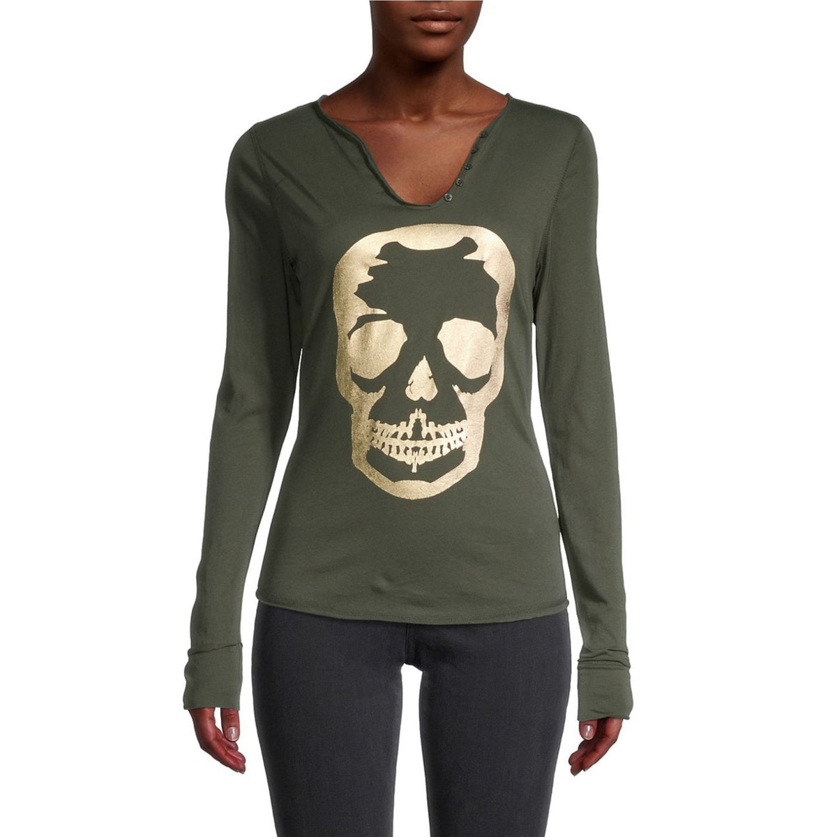 Zadig & Voltaire Tunisien Foil Skull Graphic Henley - Khaki - HIGHSTREET.CO.ZA